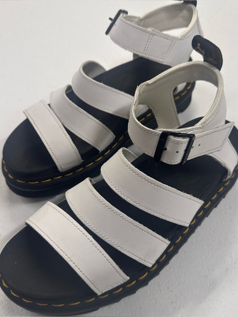 Dr. Martens White Platform Sandals with Yellow Stitching